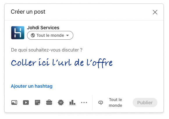 interface de linkedin permettant d'insérer une url