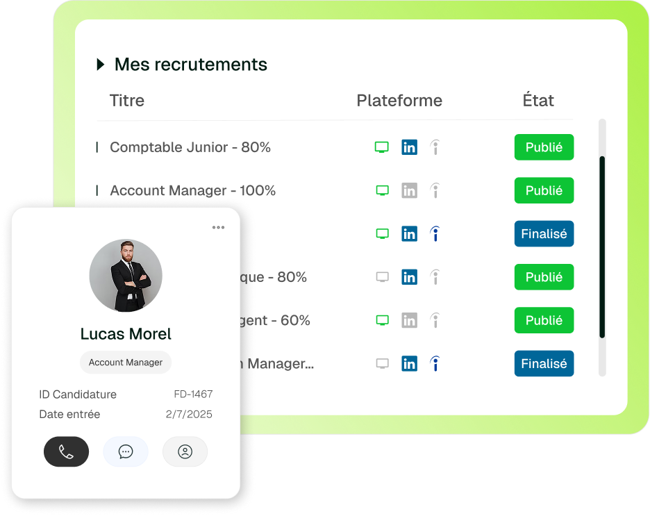 interface de l'ATS de Johdi Suite affichant une liste de recrutements et les canaux de diffusion