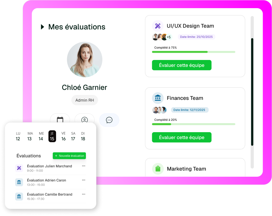 interface du logiciel d'évaluation montrant une liste de personnes et un calendrier