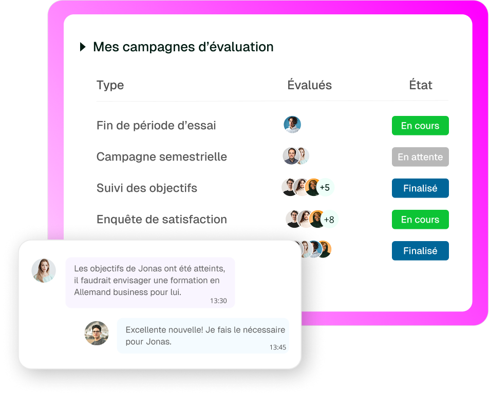 interface des étapes d'évaluation de Johdi Suite avec vue de conversation par messagerie entre deux utilisateurs
