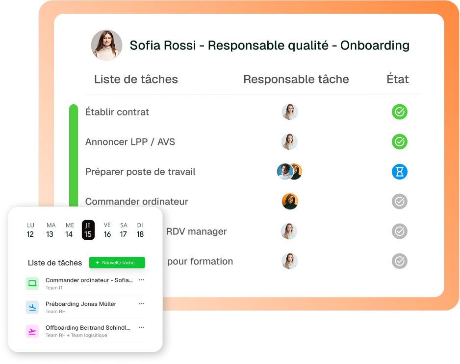 vue d'une liste de tâches d'un processus de onboarding avec un calendrier