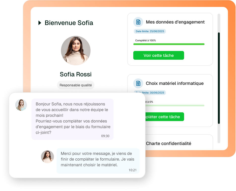 vue de l'environnement d'une future collaboratrice avec affichage des tâches à compléter et un échange de messages avec la resposable rh
